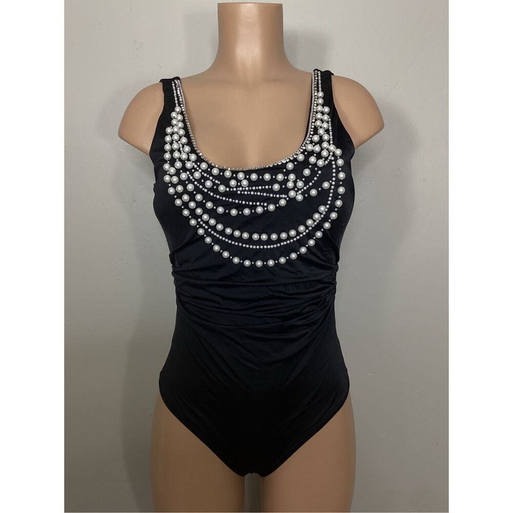 New. Amita Naithani black pearls and rhinestone swimsuit. Large. Retails $169 - Picture 3 of 8